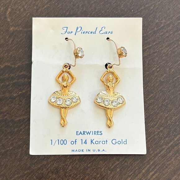 VTG 14k Karat Gold Dancing Ballerinas Zircon Earrings For Pierced Ears Made USA - Picture 1 of 7